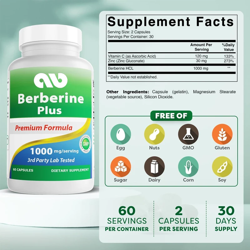 Berberine Plus 1000 milligrams per serving (non GMO), 60 capsules - contains erythromycin HCL, vitamin C, and zinc gluconate