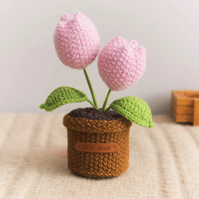 Mini-fertige gehäkelte Tulpen im Topf, gefüllte Pflanzen, Heim- und Auto-Innendekoration, Valentinstag, Weihnachten, Abschlussfeier, Muttertagsgeschenk
