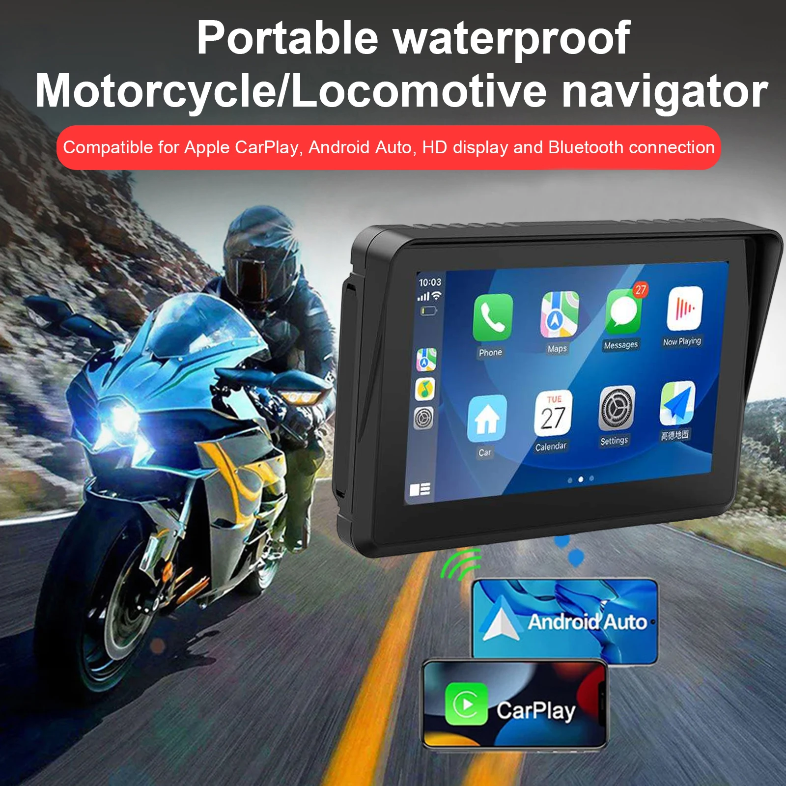 5 Inch Motorcycle Special GPS Navigation Outdoor 1000nit 65K Screen Display IPX7 Waterproof Wireless Carplay Android 11 Auto