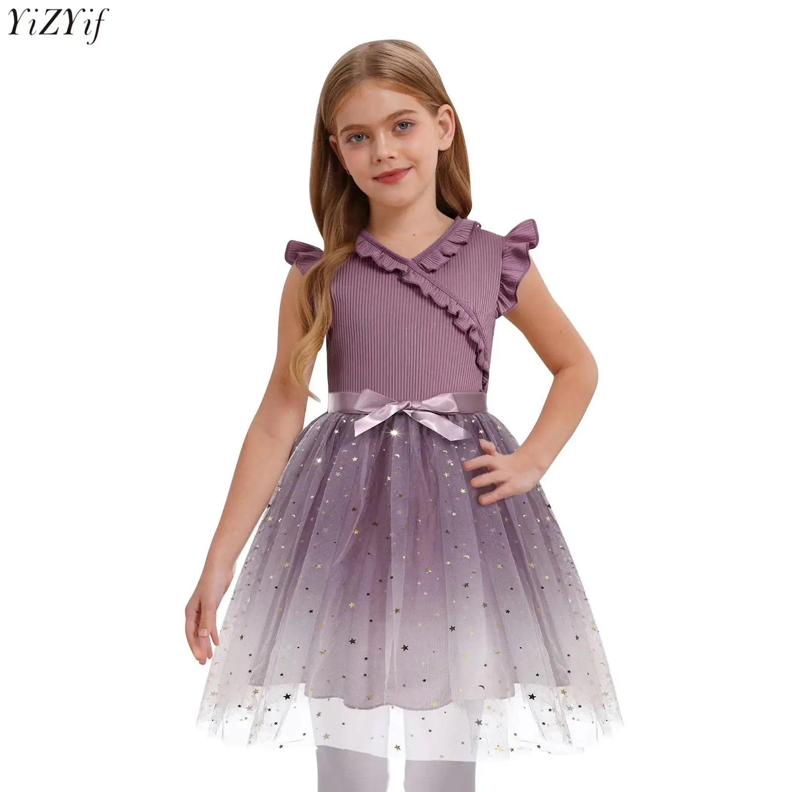 

Kids Girls Princess Dress Flutter-Sleeve Ruffles Trim Dress V-Neck Sequined Tulle Dresses for Wedding Birthday Party Dance Dress