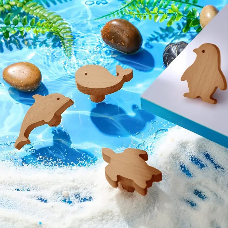 Fun Animal Solid Wood Pulls Creative Wooden Handles for Drawer Cabinet Shoe Cabinet Penguin Dolphin Knobs Furniture Hardware