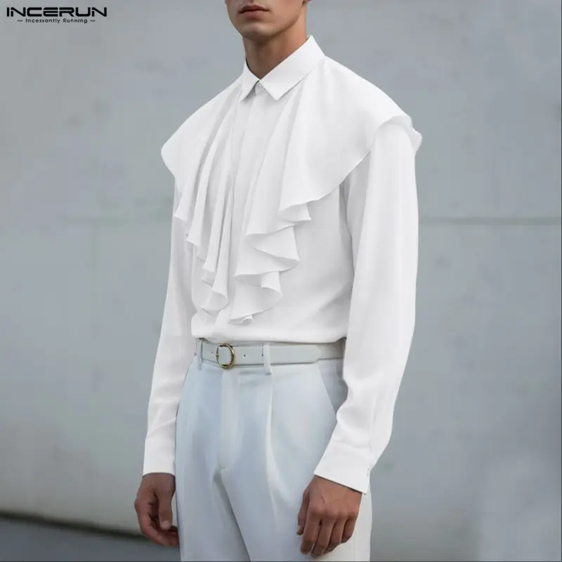 INCERUN قميص رجالي بلون واحد مكشكش وطية صدر السترة وأكمام طويلة ملابس رجالية غير رسمية ملابس خروج فضفاضة أنيقة ملابس علوية للرجال قمصان #1