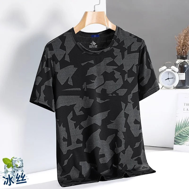 Summer New Camouflage Jacquard Weave Round Neck Short Sleeve T-shirt Man Thin Style Breathable Quick Drying Loose Motion Tops