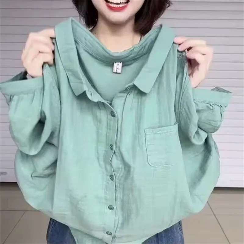 Camicia casual pura con risvolto a maniche a cinque punte alla moda Camicetta basic femminile estiva coreana versatile allentata e sottile