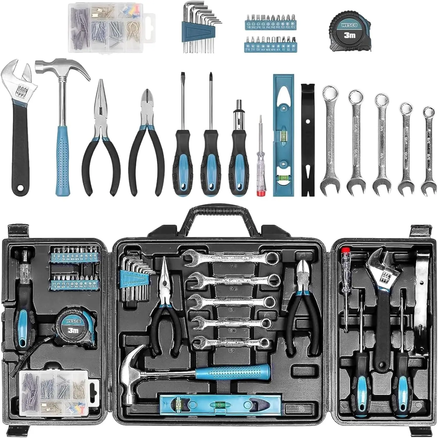 

144-Piece Home Repair Tool Kit with Storage Box, Includes Hammer, Pliers, Wrenches & Voltage Tester