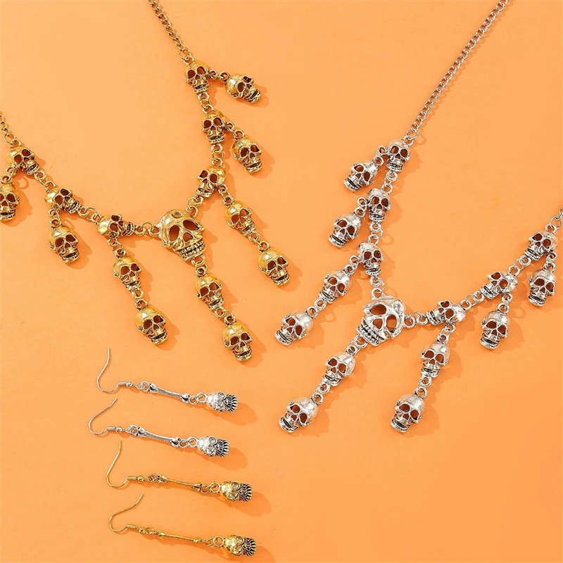 

Halloween Gothic Punk Skull Necklace and Earrings Set for Women Vintage Metal Ghost Hand Pendant Jewelry Party Accessories