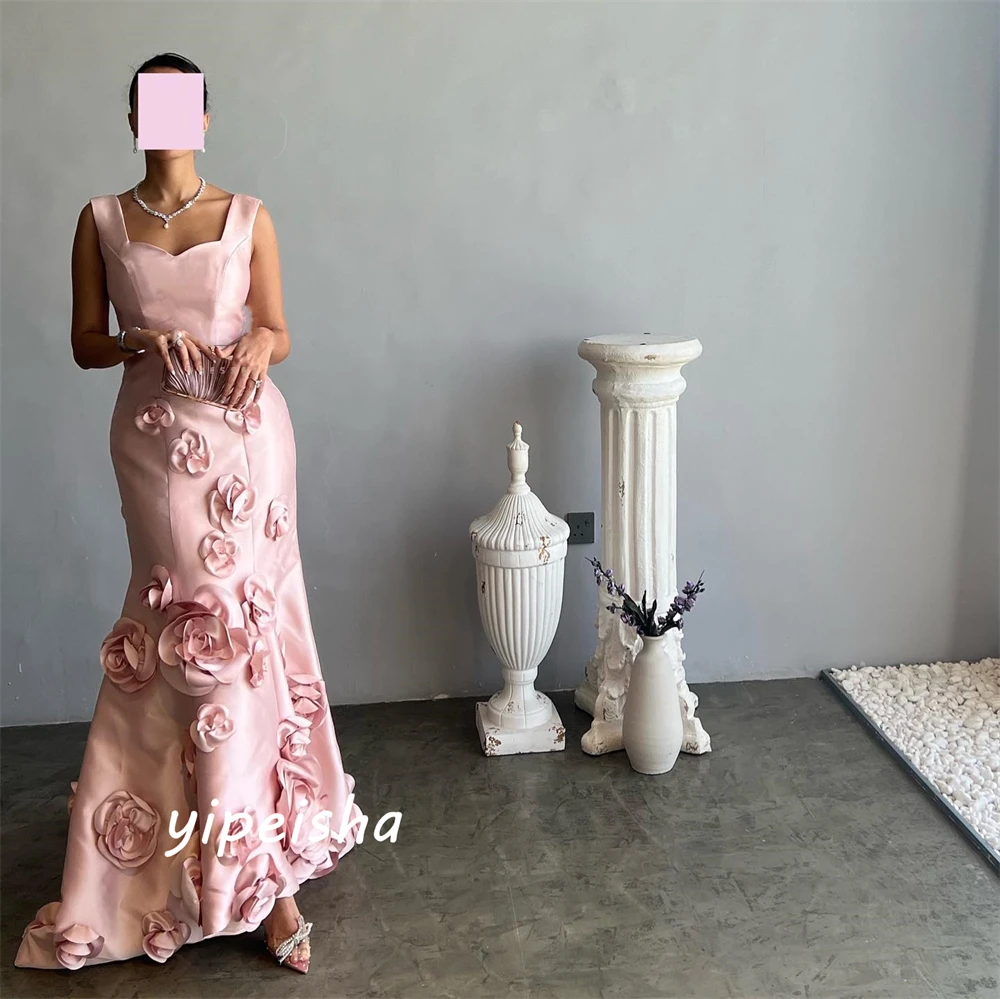 Customized  Satin Flower Draped Pleat Graduation A-line Square Collar Bespoke Occasion Gown Long Dresses