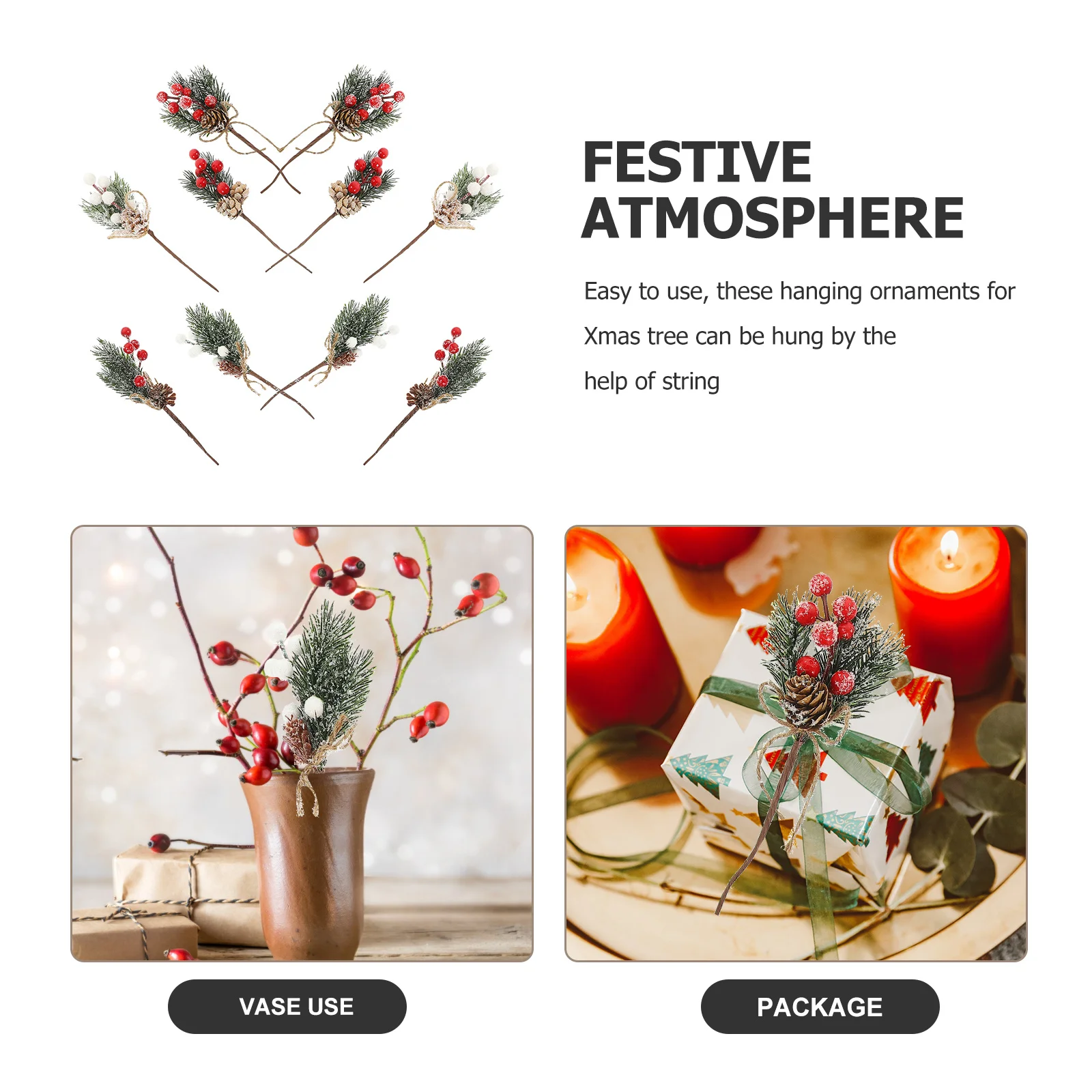 

10pcs Christmas Tree Ornaments Mini Artificial Pine Picks Simulation Berries Branches For Diy Home Decor Vase Filler Xmas Party