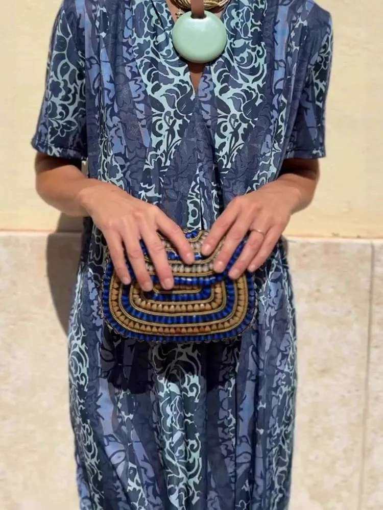 فستان بلوفرات بأكمام قصيرة مطبوع بنمط عتيق فستان صيفي جديد فضفاض برقبة على شكل حرف v فستان أنيق للسيدات غير رسمي للتنقل فستان طويل