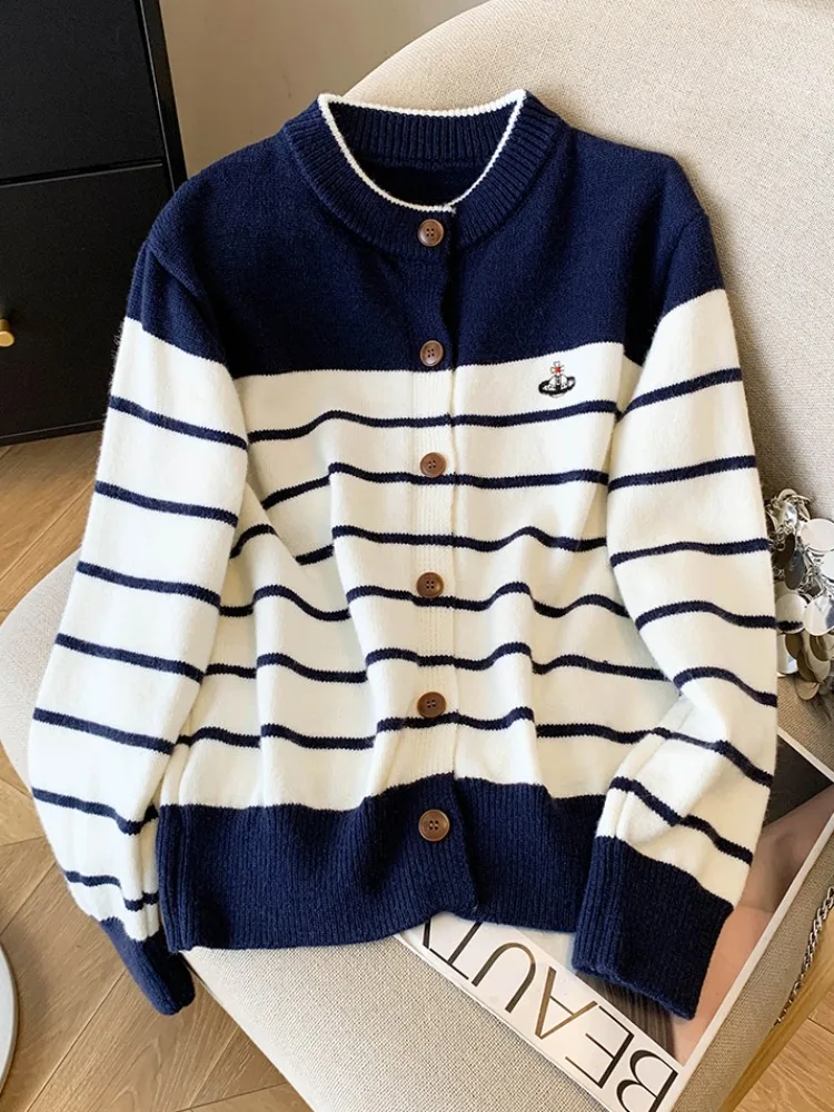 

Свободный длинный вязаный кардиган све, женский корейский свободный крой в полоску, утягивающий свитер, осенний ранний самосохраняющийся свитер