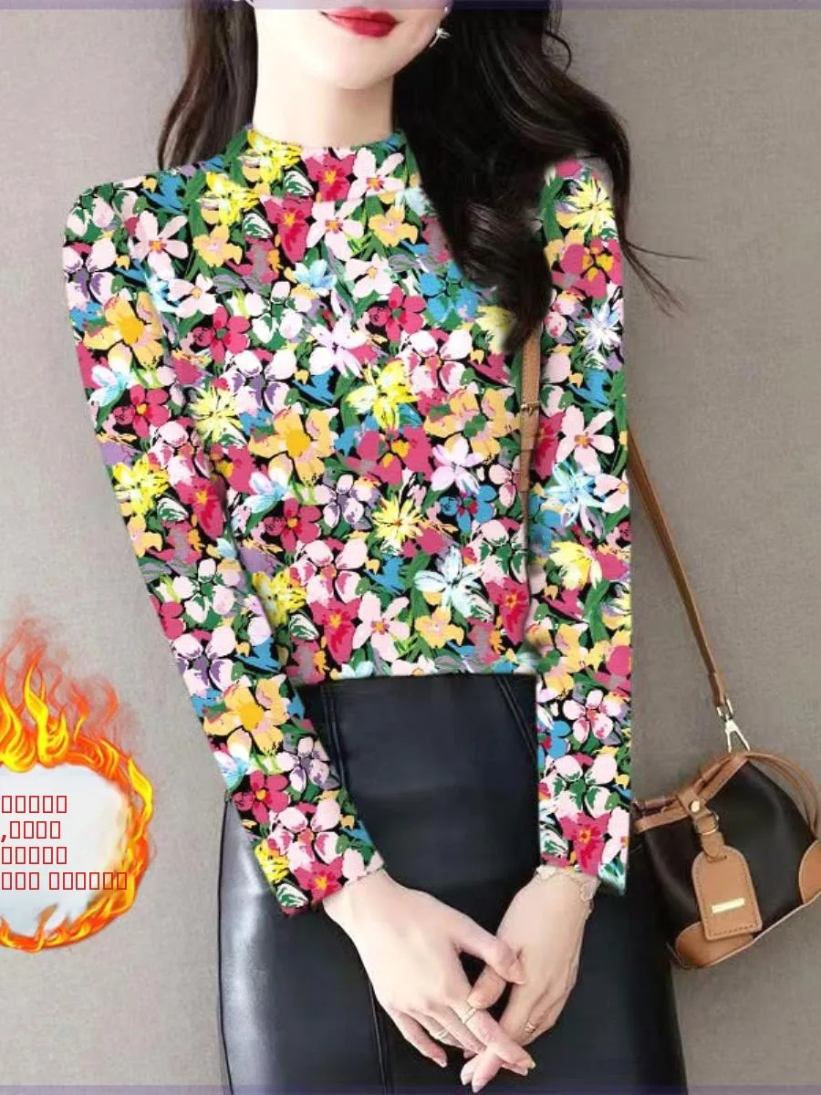 2024年レディース長袖tシャツハーフハイネックベルベット起毛ベースシャツ新作秋冬スリムプリント襟ピン