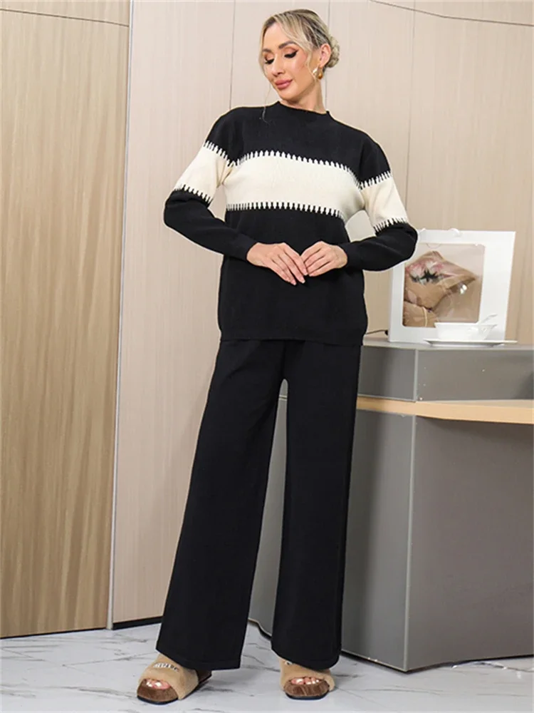 Women Sweater Winter 2 Piece Sets Elegnat Knitted Suits Female Sweaters Vintage Womens Pants High Waist Autumn Vintage Vestidos