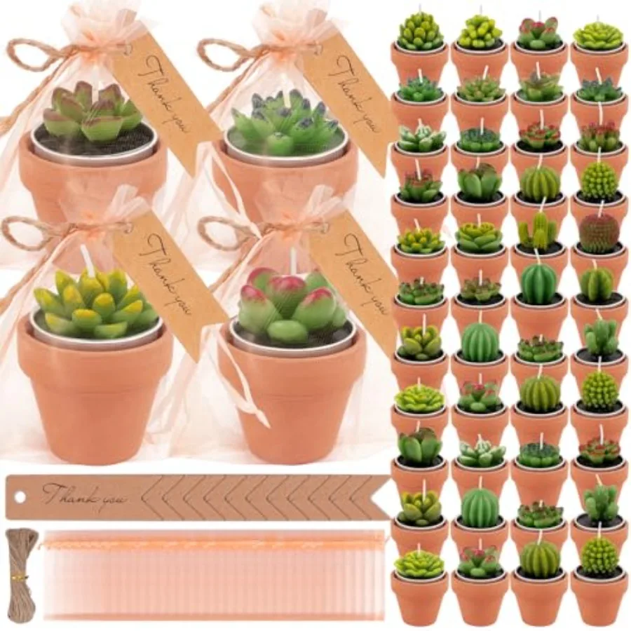 

54 Pcs Succulent Cactus Candles Set Mini Tealight Candles Baby Showers Cactus Plant Decorations with Mini Terracotta Clay Candl