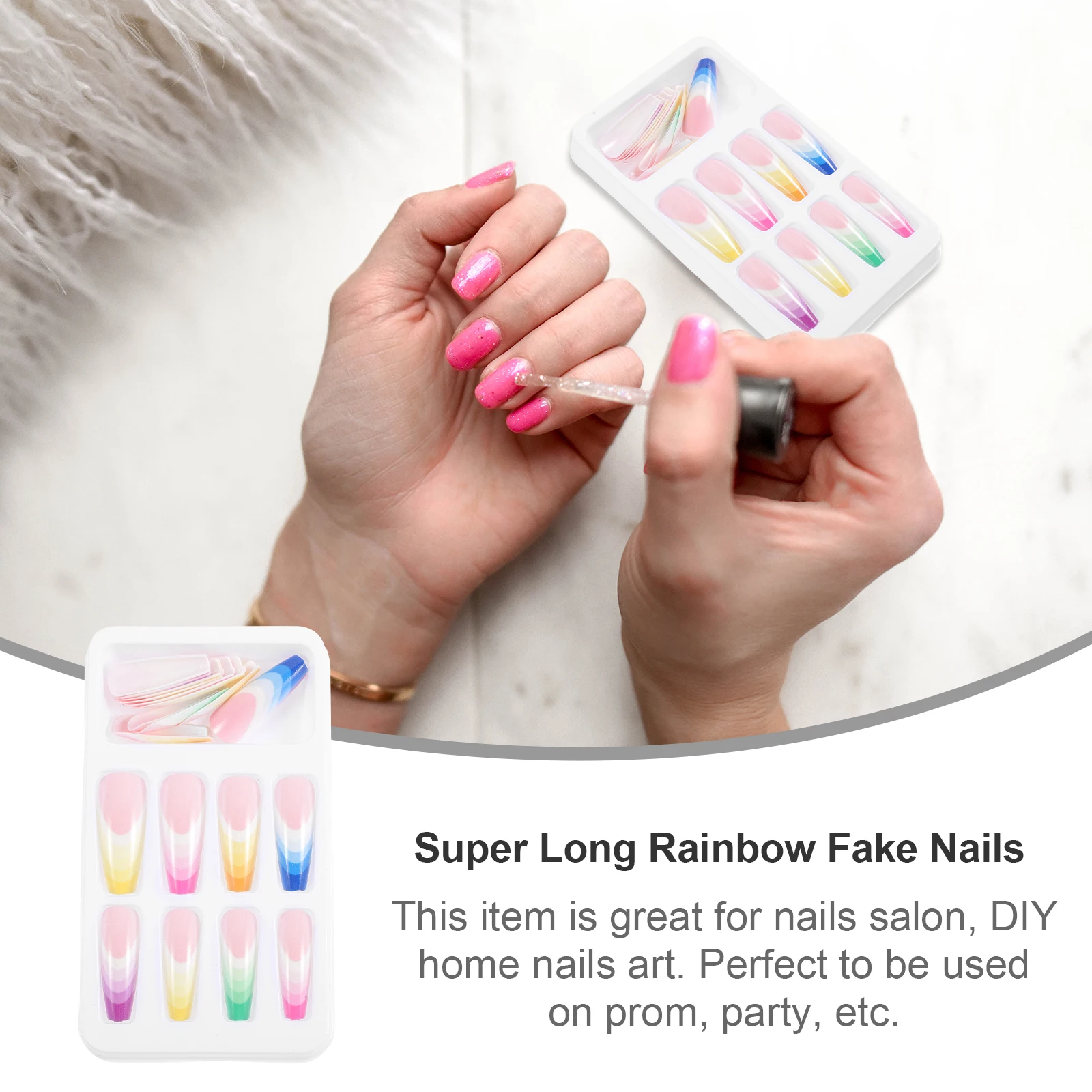 

24pcs Rainbow Gradient Fake Nails Women Girls Artificial Nail Art Decor Long False Nails Salon Party Elegant