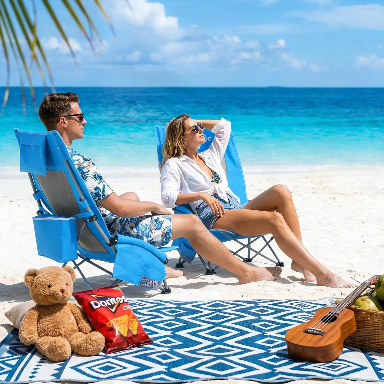 High Back Beach Camping Chair 2 Pack, Extra Wide Folding Outdoor with Cooler Bag, Breathable Mesh & Dual-Use Pillow, Portable