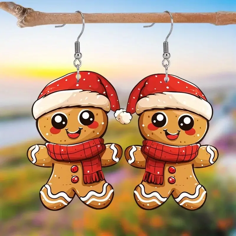 3 pairs of cute gingerbread man earrings wearing Christmas hats, acrylic Christmas cartoon earrings gift