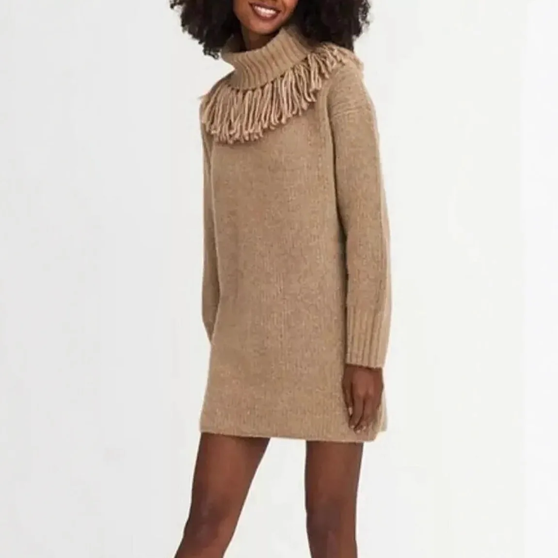 Autumn Winter Knitted Loose Long Sleeve High Collar Tassel Sweater Women's Open Cardigan Fashion Outerwear Dress