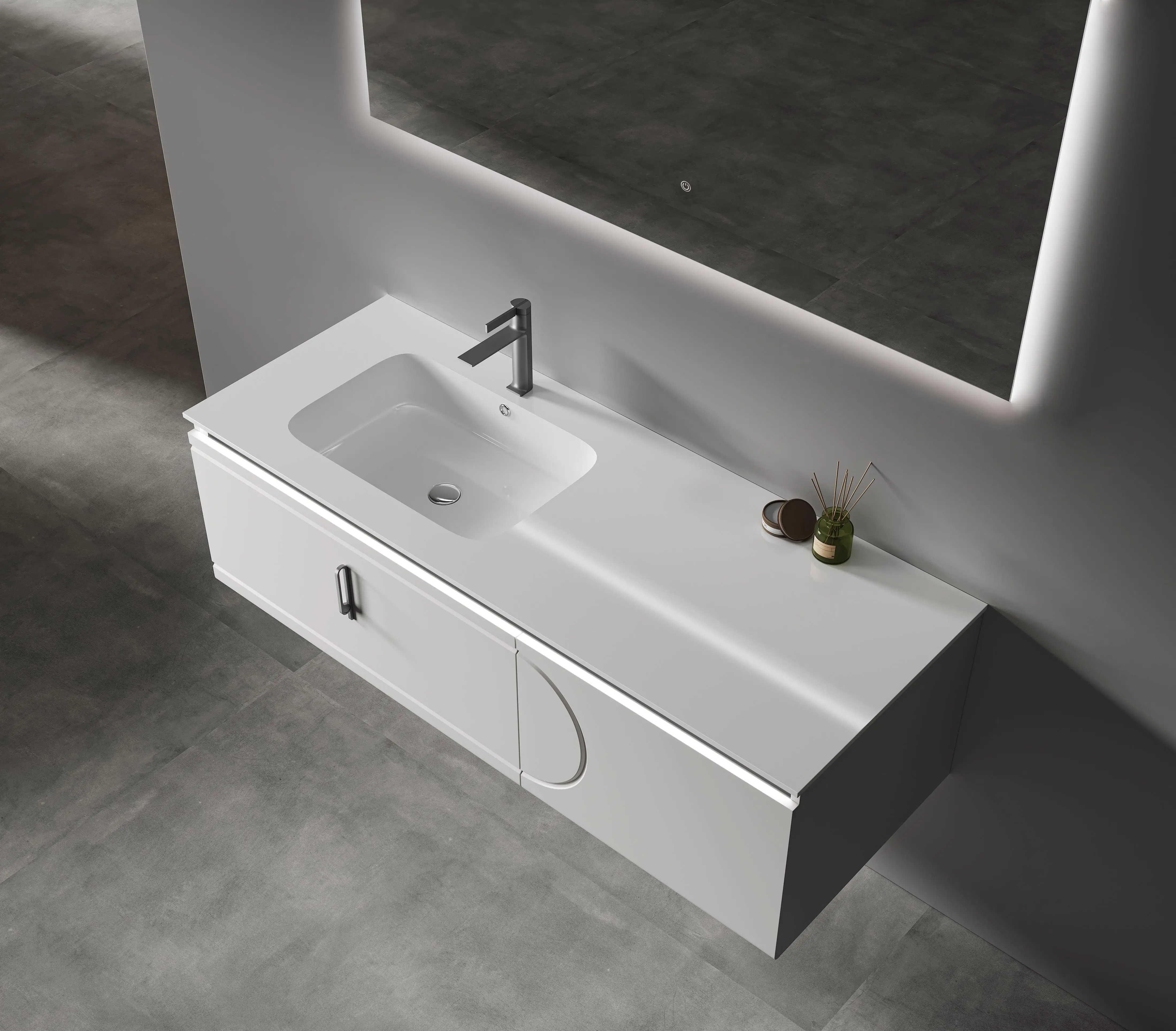 Modern Luxurious Wall-Mounted Solid Wood Bath Mirror With Rectangle Ceramic Basin Lacquered Cabinet For Home & Hotel Use