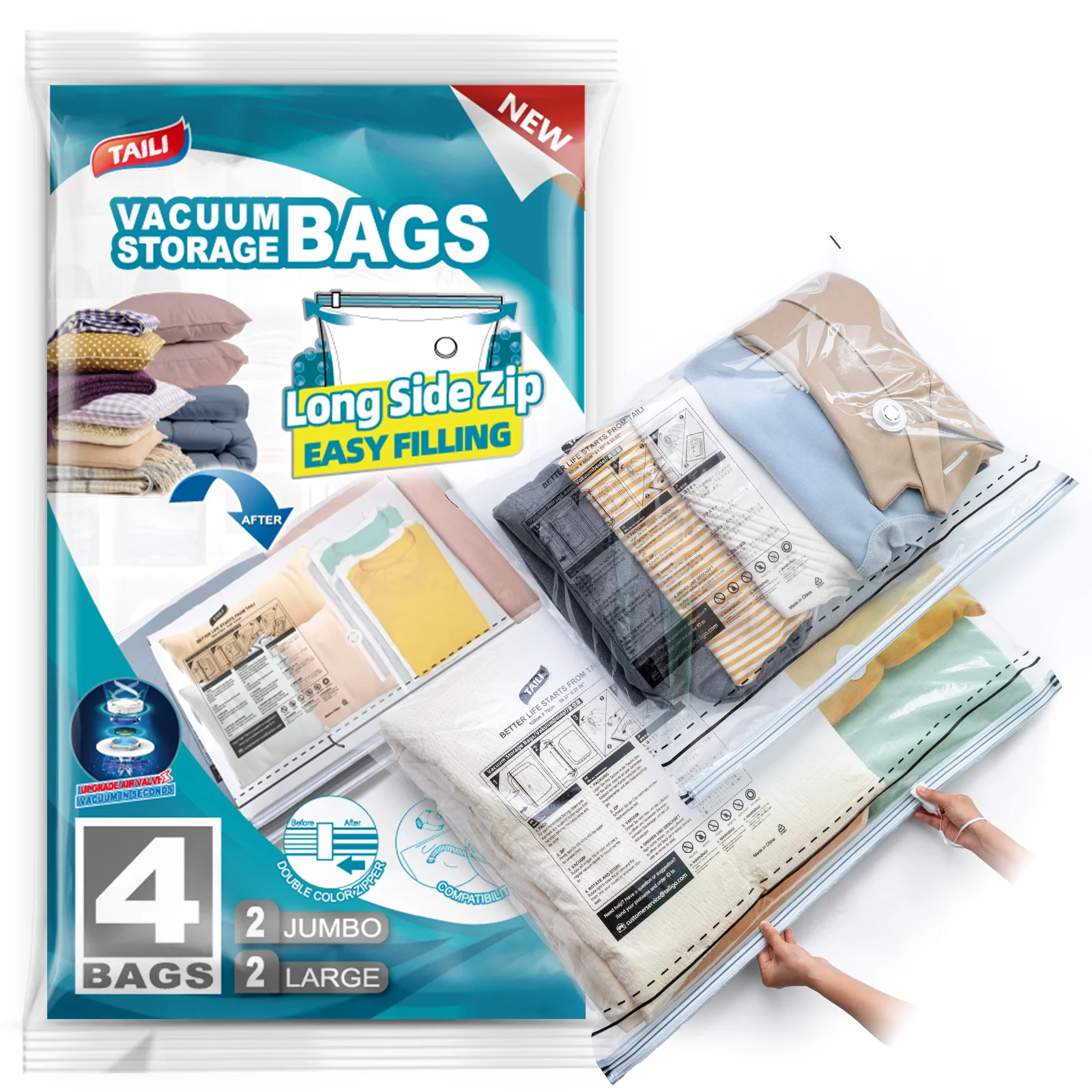 

TAILI 4 Pack Vacuum Storage Bags Space Saver Bags Compression for Comforters Blankets Bedding Organizer Clothes Travel Storage