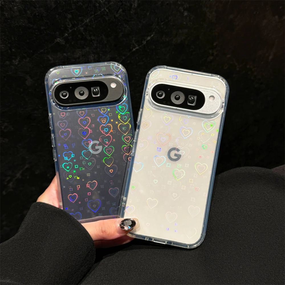 

Luxury Holographic Gradient Laser Love Heart Pattern Case For Google Pixel 9A 8A 9 8 Pro XL Airbags Anti-fall Clear Armor Cover