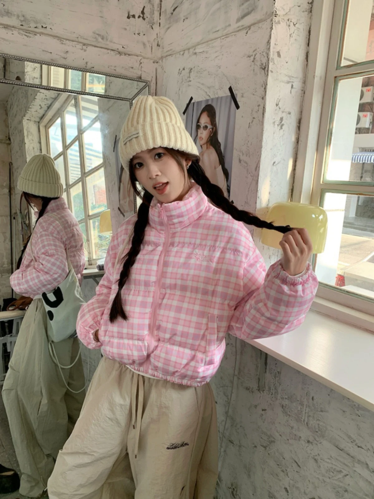 Coreano na moda doce bonito rosa xadrez casaco de inverno feminino algodão quente engrossar jaqueta curta harajuku streetwear gola alta outerwear