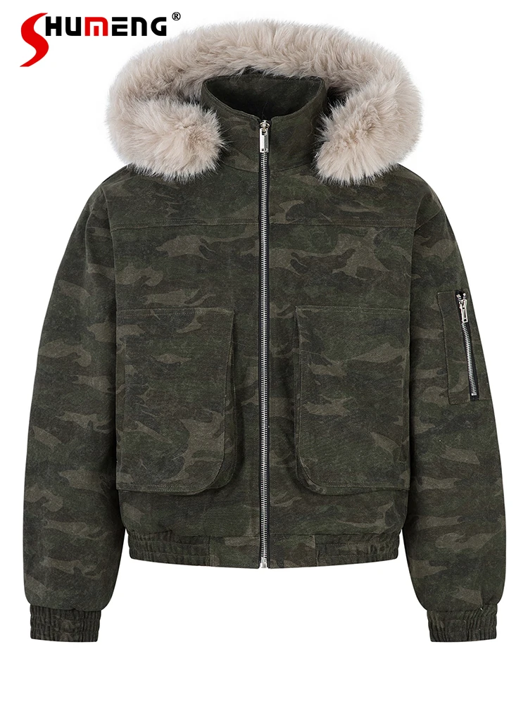 

Fashion Detachable Faux Fur Collar Hooded Parkas Men Women 2025 Winter New Thickened Warm Parkas Long Sleeve Handsome Chic Coats