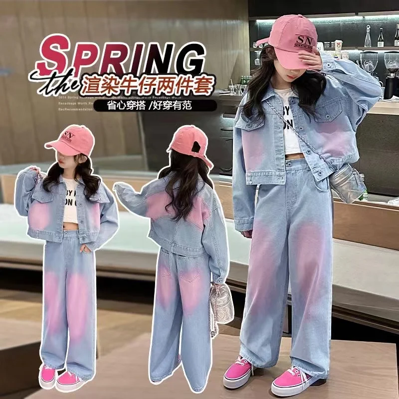 5-14Y Girls\' Spring Autumn Set 2024 New Fashion Big Children\'s Spring Wear Dopamine-spray Color Denim Two-piece Trend 120-170cm