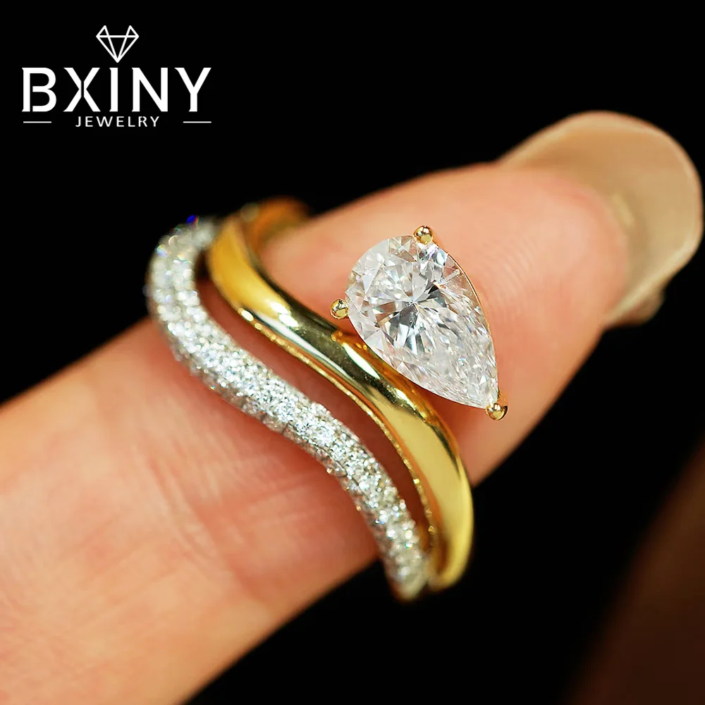 

BXINY Pear Cut All Moissanite Ring Set 100% S925 Silver Certified Lab Diamond for Women WaterDrop Wedding Band Gift Fine Jewelry