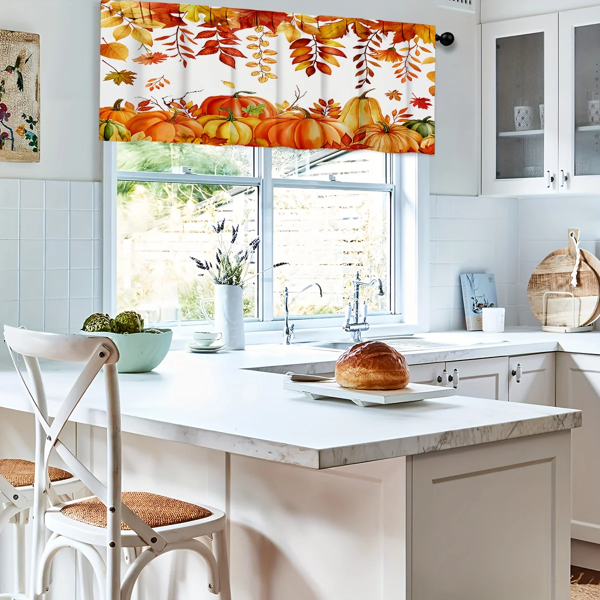  Autumn Leaves Pumpkin Kitchen Curtain, Fall Harvest Thanksgiving Window Decor for Kitchen Cafe Living Room Home Decoration