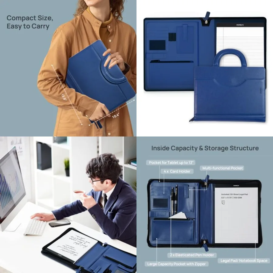 

Portfolio with Zipper, PU Leather Padfolio Document Organizer with Storage, Professional Business Folder for Meeting Presentati