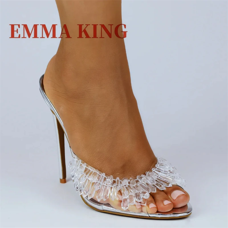 واضح بولي كلوريد الفينيل المفتوحة تو البغال النساء تألق الفضة معكوسة عالية الكعب أحذية أنيقة السيدات مطرز ديكور النعال الصلبة حجم كبير 46 #5