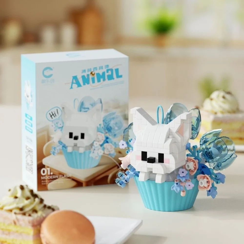 

New Dessert Theme Building Blocks Plastic Cartoon Animals Building Bricks Cute Cat Dog Rabbit Potted Bouquet Blocks Home Decor