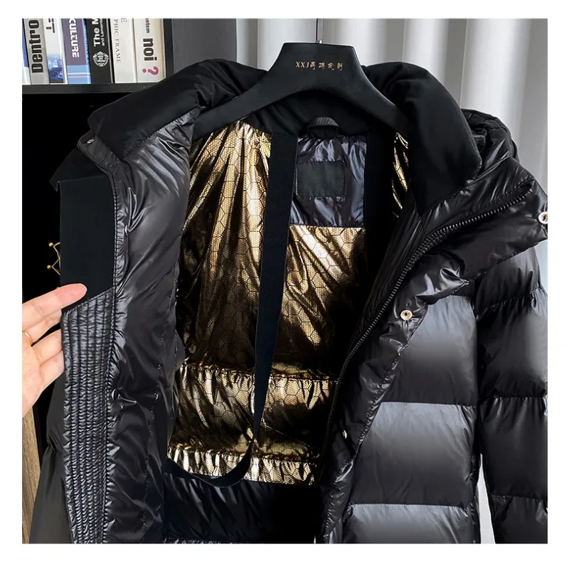 Winter New Style Black Gold White Duck Down Mid-Length Down Jacket Women's Clothing Chic Hooded Windproof Below The Knee Warm