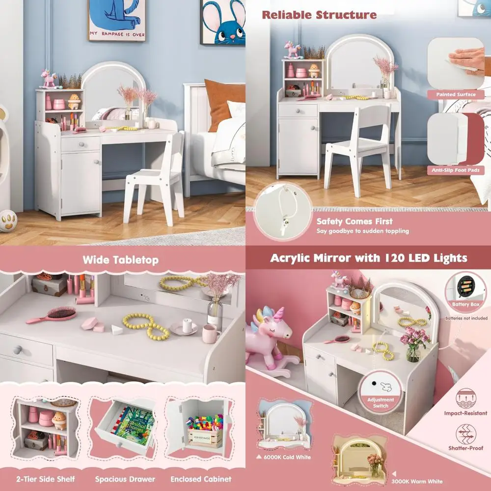 illuminated mirror kids vanity set, toddler makeup dressing table and chair with storage, princess pretend play set