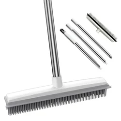Rubber Broom Long Handle for Pet Hair Fur Remover Broom No Scratch Floor Brush for Fluff Carpet Floor Bathroom Cleaning Tools