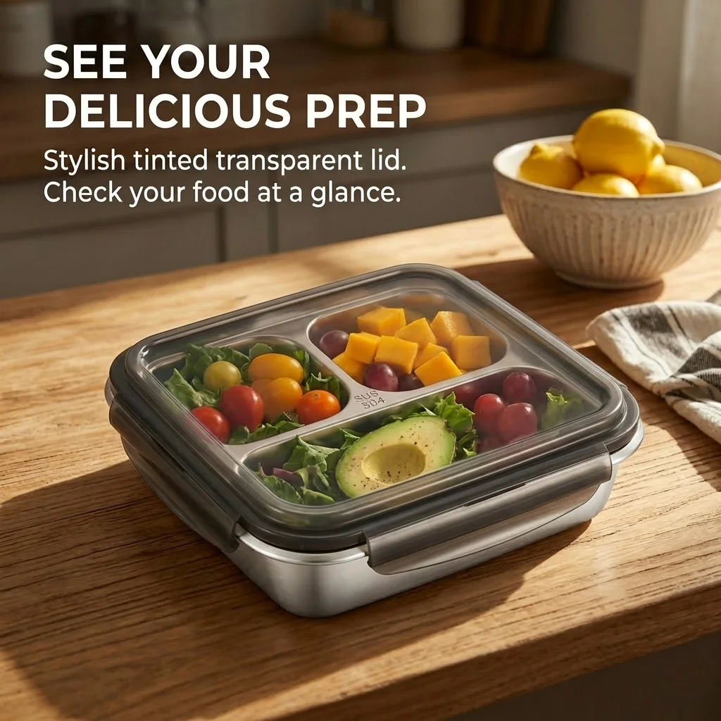 Large Capacity Lunch Container With Lid Microwave Safe Leak-proof 304 Stainless Steel Divided Bento Lunch Box For Kids Students view 4