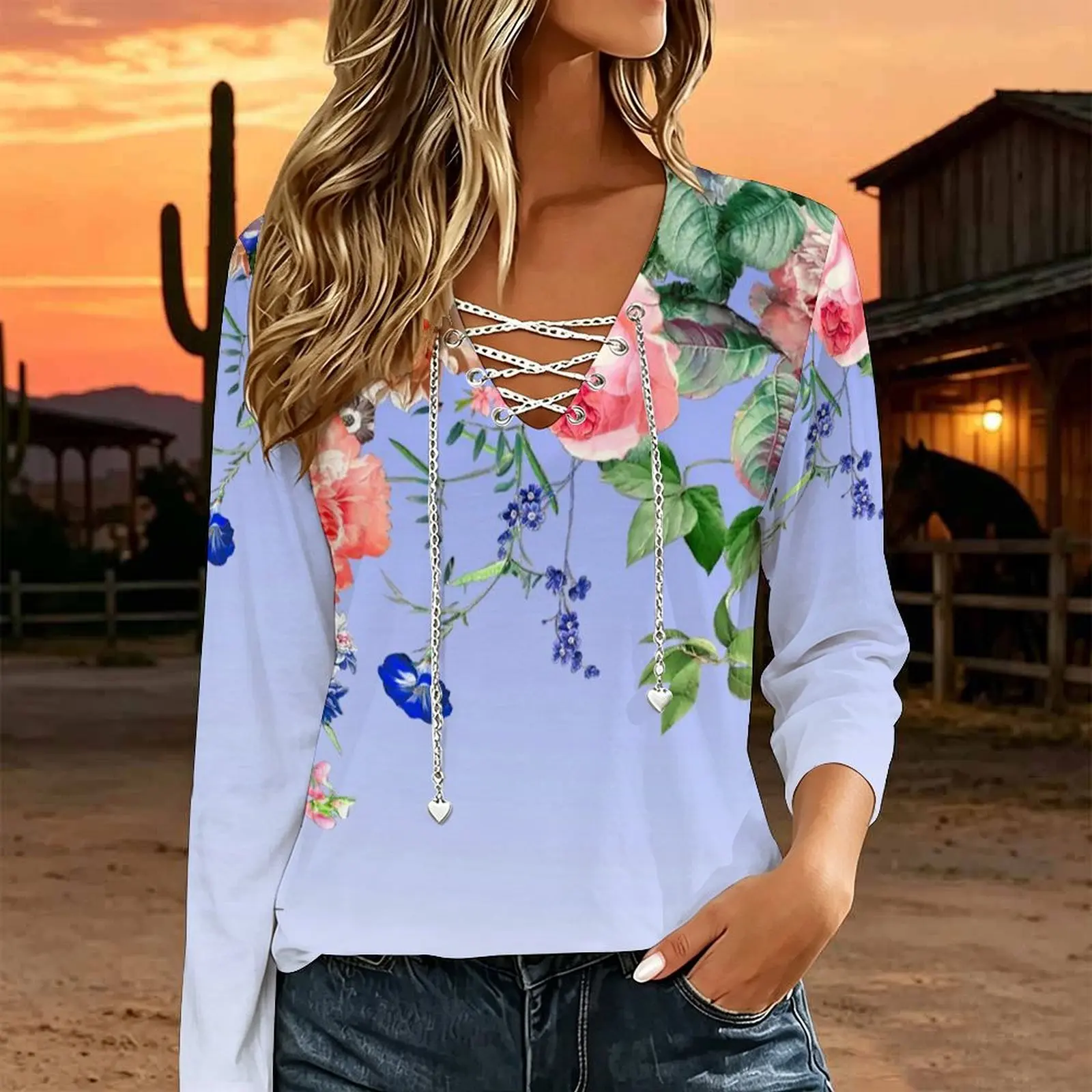 Women V Neck Long Sleeve Top Metal Chain Criss Cross Lace Up Cutout Loose Casual Blouse Custom Print Ladies Western Style Tee