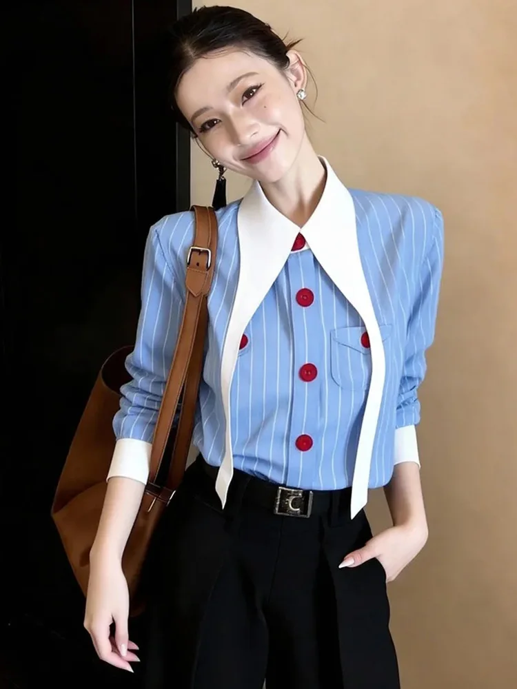 Chic Blue Striped Shirt Women Long Sleeve Slim Elegant Design Blouse Korean Fashion Spring Sweet Office Lady All Match Ins Tops
