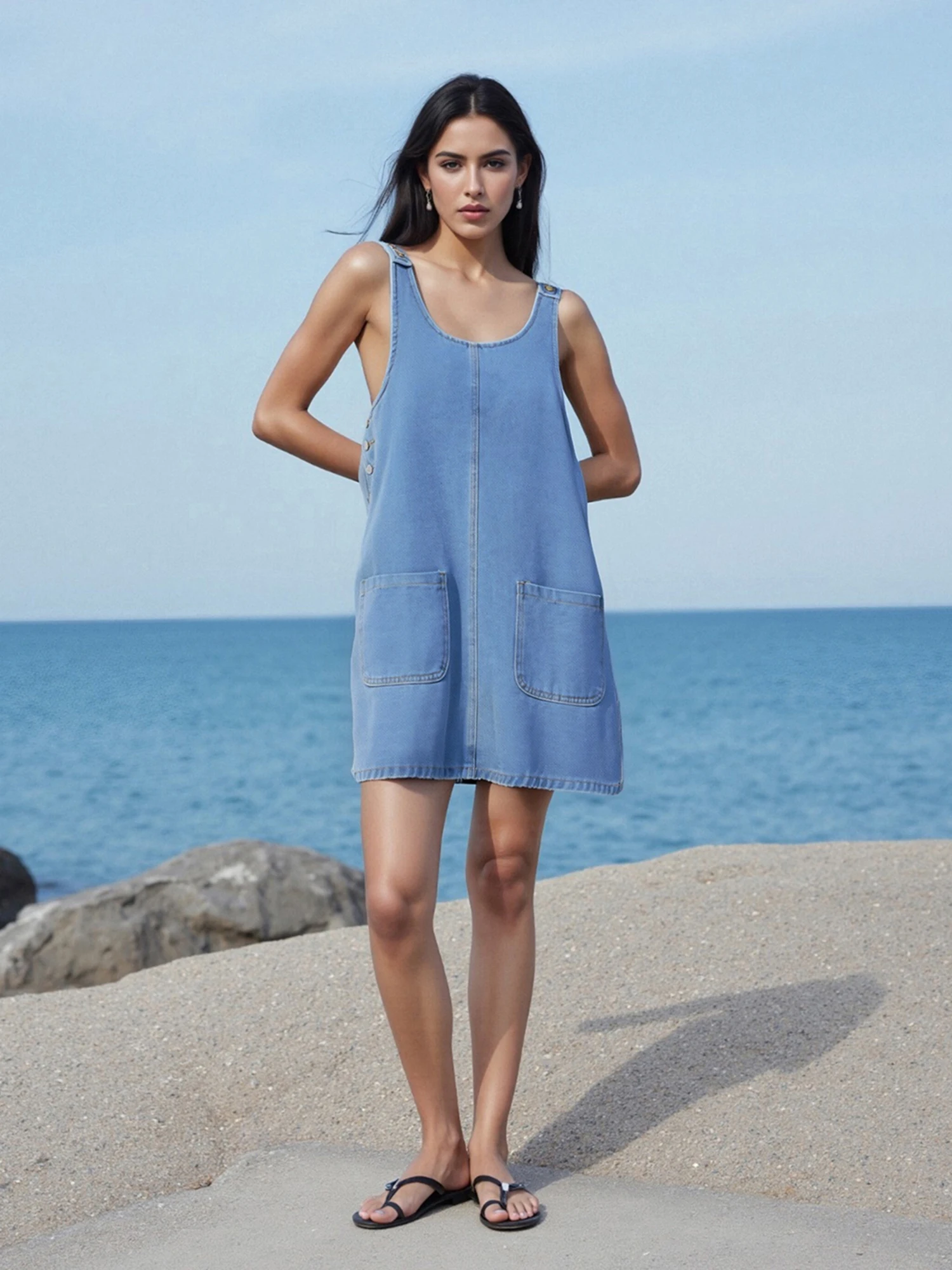 Women s Summer Denim Tank Dress Sleeveless Solid Color U Neck Jeans Dress with Pockets