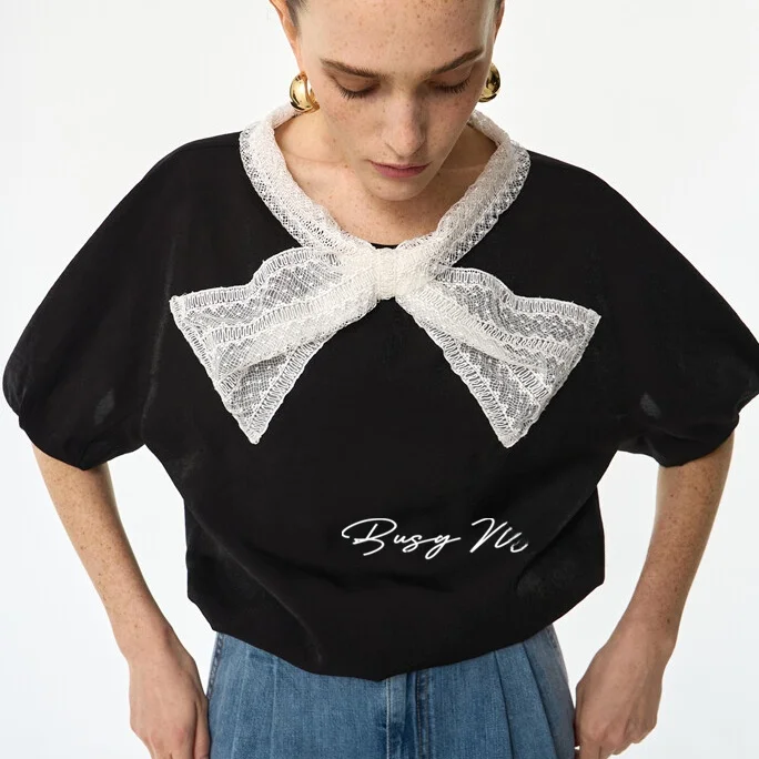 

Sweetest Bowknot Colorblock Commute Shirt Women's Slim Fit Short Sleeve Korean Style Fashionable Casual Top