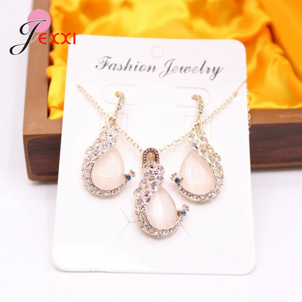 New Statement Shine Shimmer Austrian Crystal Classic Opal Stone Jewelry Set Waterdrop Pendant Necklaces Drop Earrings