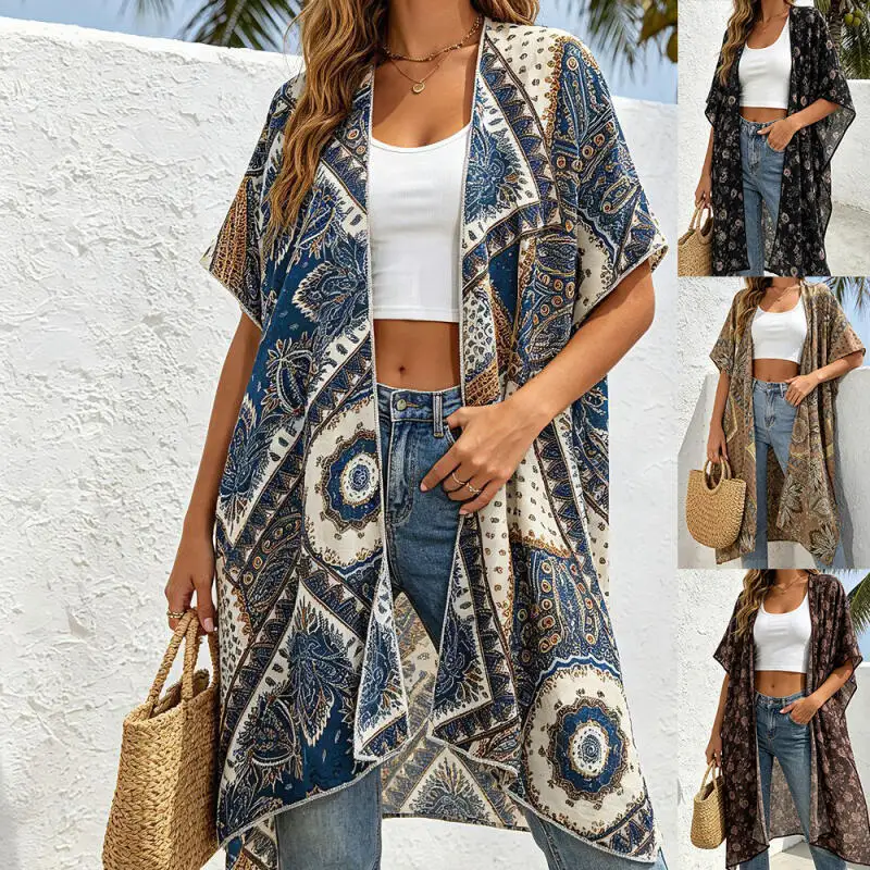 

Summer New Loose Scarf Women Vintage Pashmina Print Flower Mantilla Bikini Cover-Up Cape Sunscreen Outdoor Travel Robe 90*100Cm