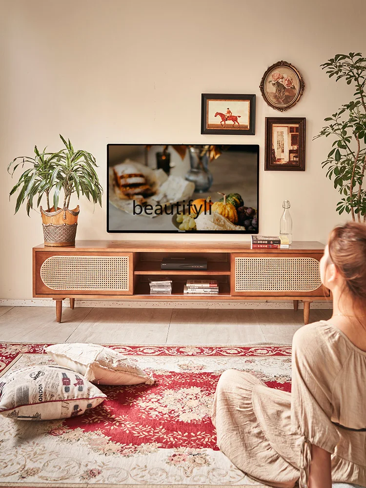 Nordic Retro TV Cabinet Solid Wood Rattan Integrated Floor Standing Storage Cabinet B & B Audiovisual Cabinet