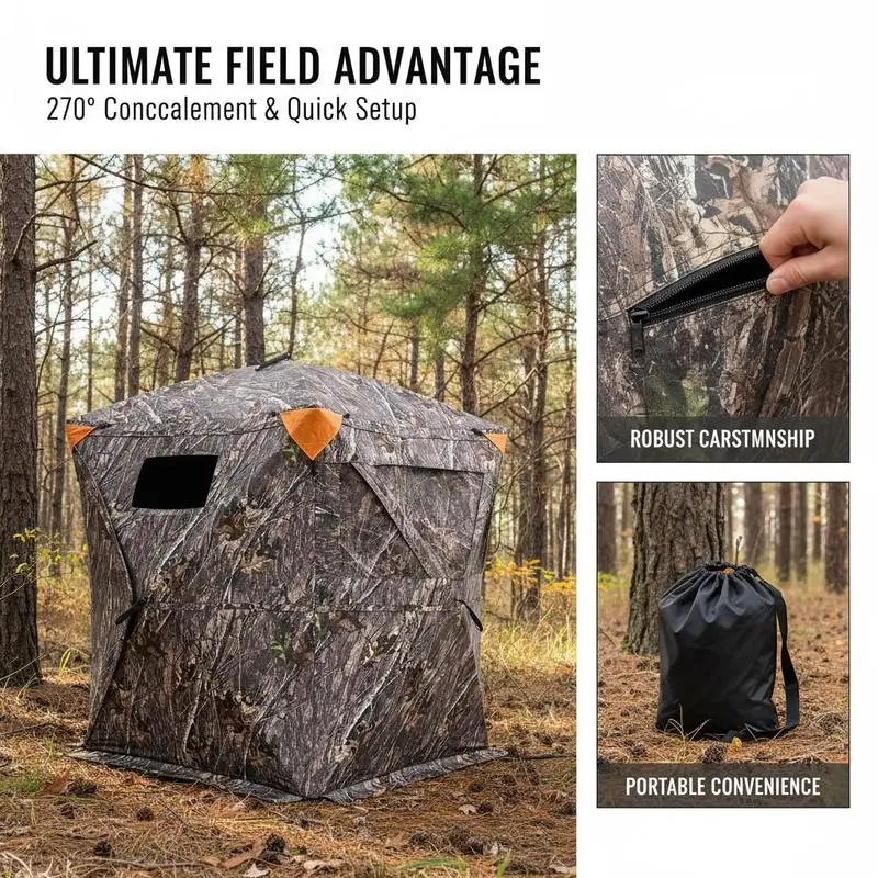 Ground Hunting Tent 60x60x66 Inches For Deer Hunting Turkey Season Archery, 270 Degree One Way Mirror Vision 3 Horizontal Windows Resilient Fabric Portable Carrying Bag Pop Up Design 1-2 Person Capacity 300D Oxford Cloth Outdoor Concealment Gear view 2