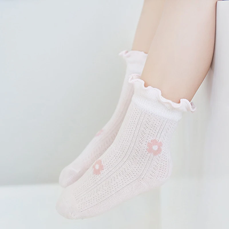 Baby Socks for Girls Toddler Flower Cherry Print Anti-Skid Cute Mid-Calf Socks Summer Super Thin Mesh Kids Socks 0-5Years