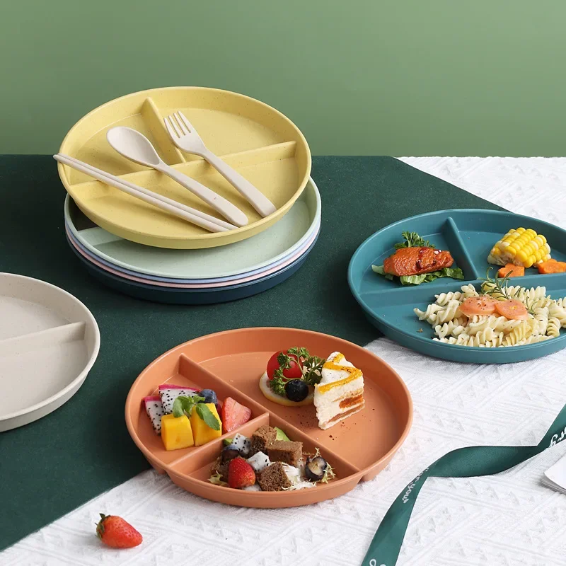 Plastic Wheat Straw Partitioned Dinner Plate Round Flatware Household Three-compartment Fixed Fat Reduction Tableware Kitchen