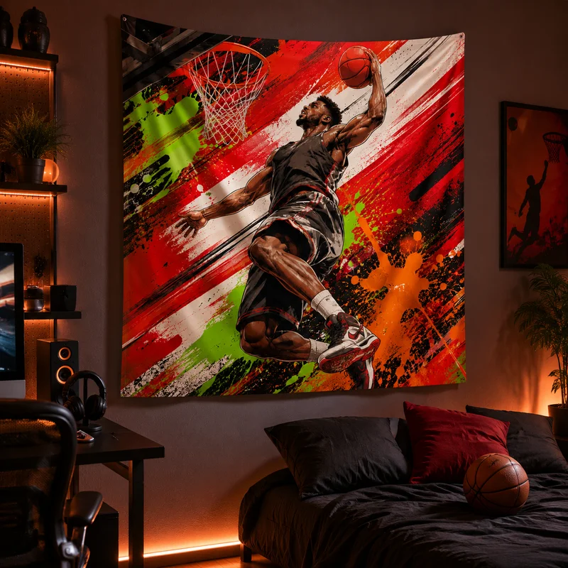VIKAMA Street Movement Basketball Wall Tapestry, Graffiti Dribbling Player Wall Hanging Fabric, Home Decoration