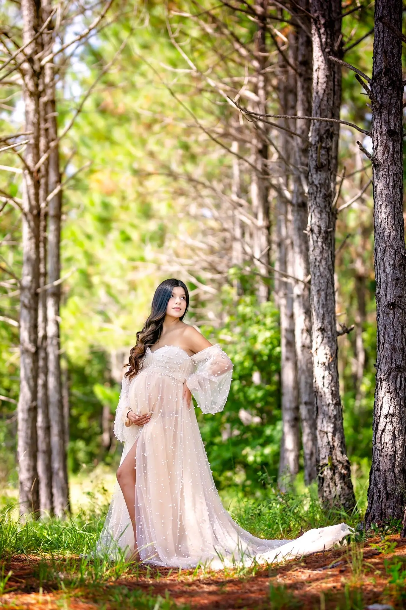 Designer Maternity Gown for Photoshooting Pearls Off Shoulder Long Sleeve Pregnant Women Dresses for Babyshower Party