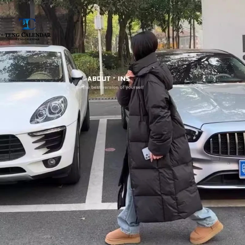 取り外し可能なフード付きダウンジャケット、膝丈まで伸びるゆったりとしたオーバーサイズコート、レディース2025年冬新作