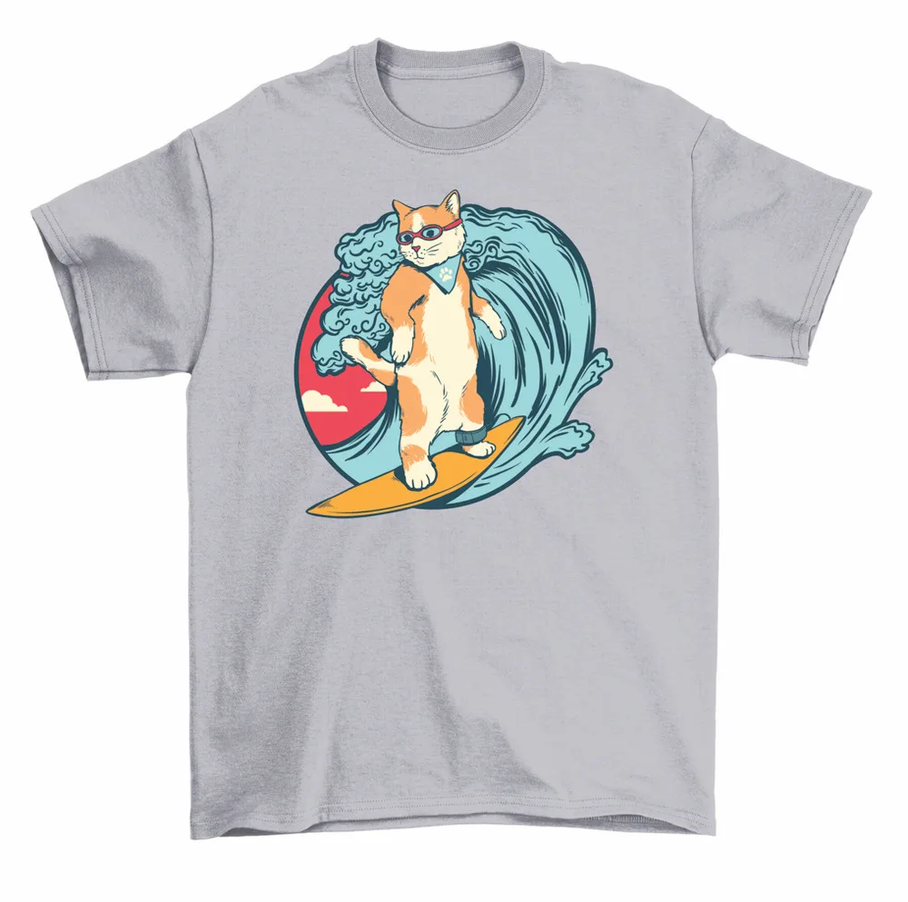 Cat Surfer T-Shirt Cute Kitty Surfing Beach Tee Men Women High Quality 100%Cotton Short Sleeve